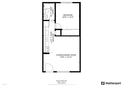 Floor plan for 1 bed, 1 bath, 550 sqft